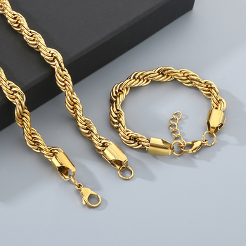 Muški set ogrlice i narukvice s twist lancem od nehrđajućeg čelika, 10 mm, pozlaćen, moderan stil