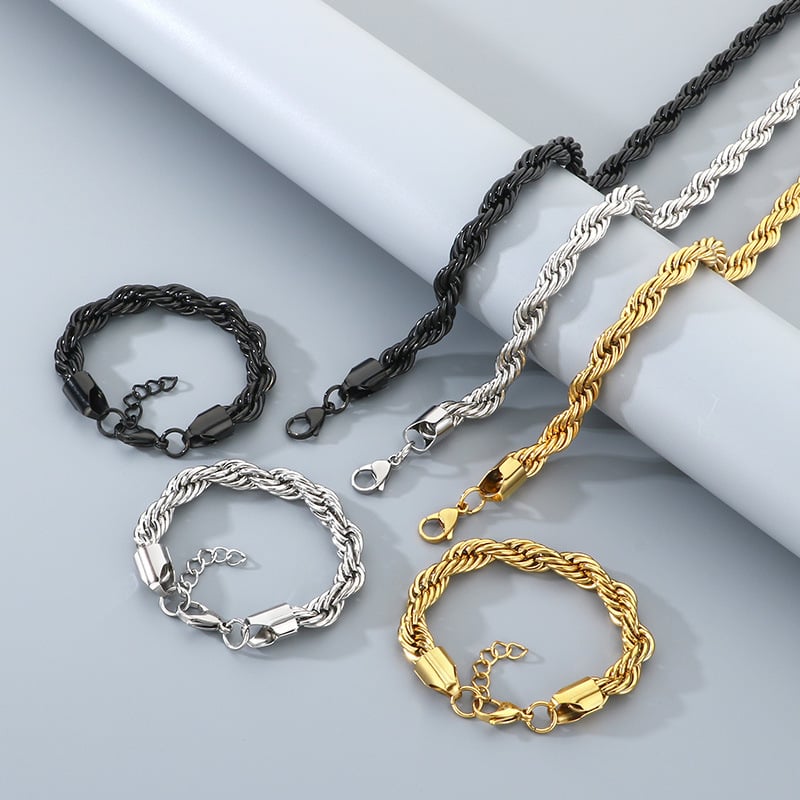 Muški set ogrlice i narukvice s twist lancem od nehrđajućeg čelika, 10 mm, pozlaćen, moderan stil