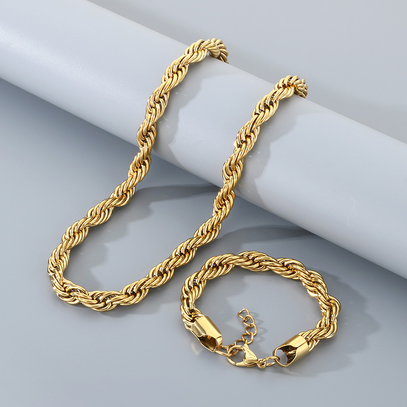 Muški set ogrlice i narukvice s twist lancem od nehrđajućeg čelika, 10 mm, pozlaćen, moderan stil