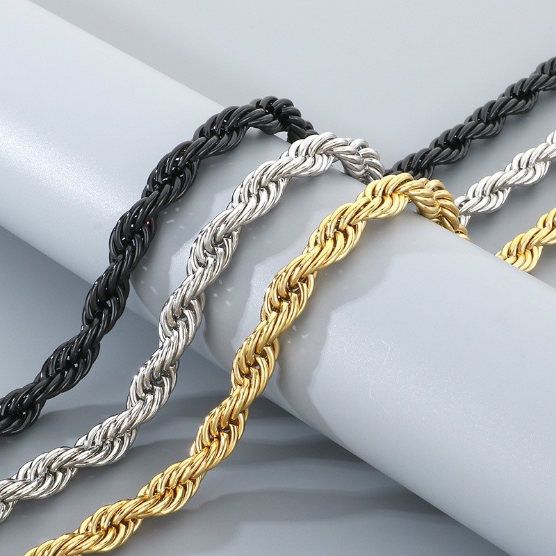Muški set ogrlice i narukvice s twist lancem od nehrđajućeg čelika, 10 mm, pozlaćen, moderan stil