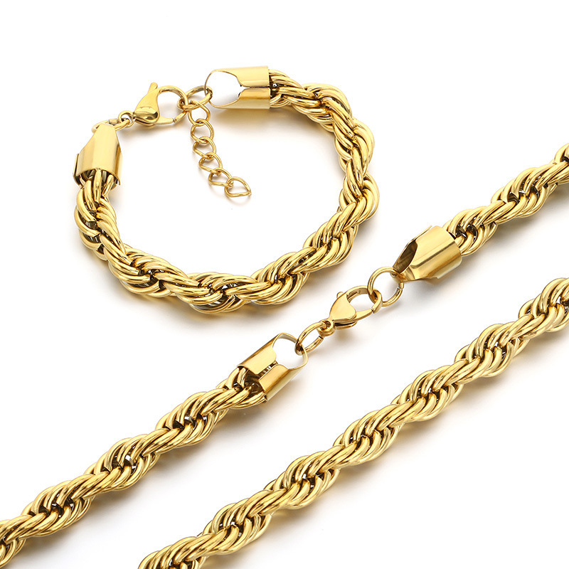 Muški set ogrlice i narukvice s twist lancem od nehrđajućeg čelika, 10 mm, pozlaćen, moderan stil