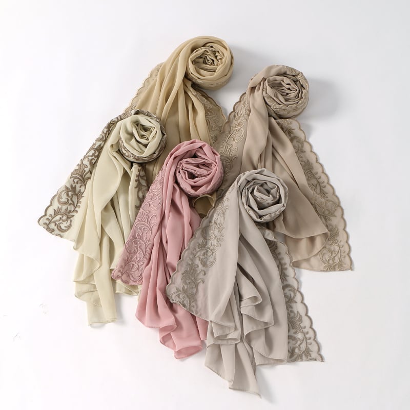 Dámsky vyšívaný šál z chiffon, dlhý, jednofarebný, s čipkovaným lemom, turban štýl