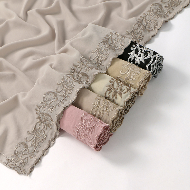 Dámsky vyšívaný šál z chiffon, dlhý, jednofarebný, s čipkovaným lemom, turban štýl