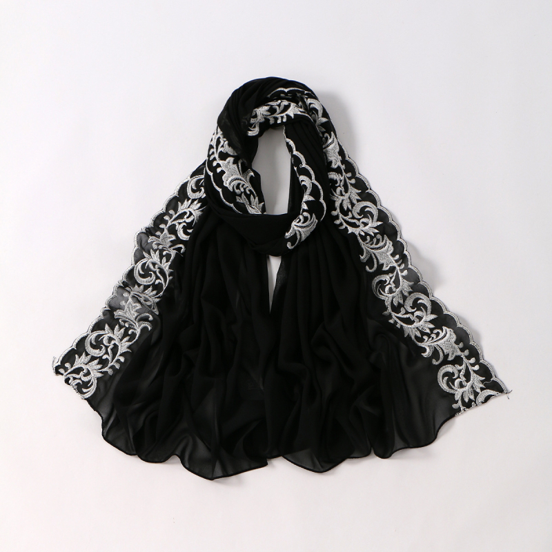 Dámsky vyšívaný šál z chiffon, dlhý, jednofarebný, s čipkovaným lemom, turban štýl