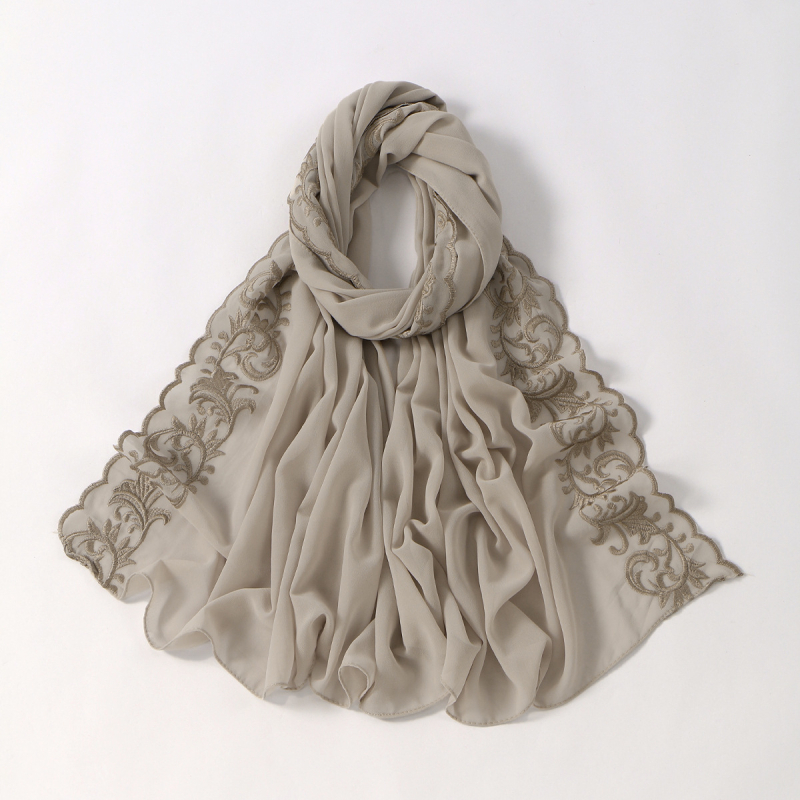 Dámsky vyšívaný šál z chiffon, dlhý, jednofarebný, s čipkovaným lemom, turban štýl