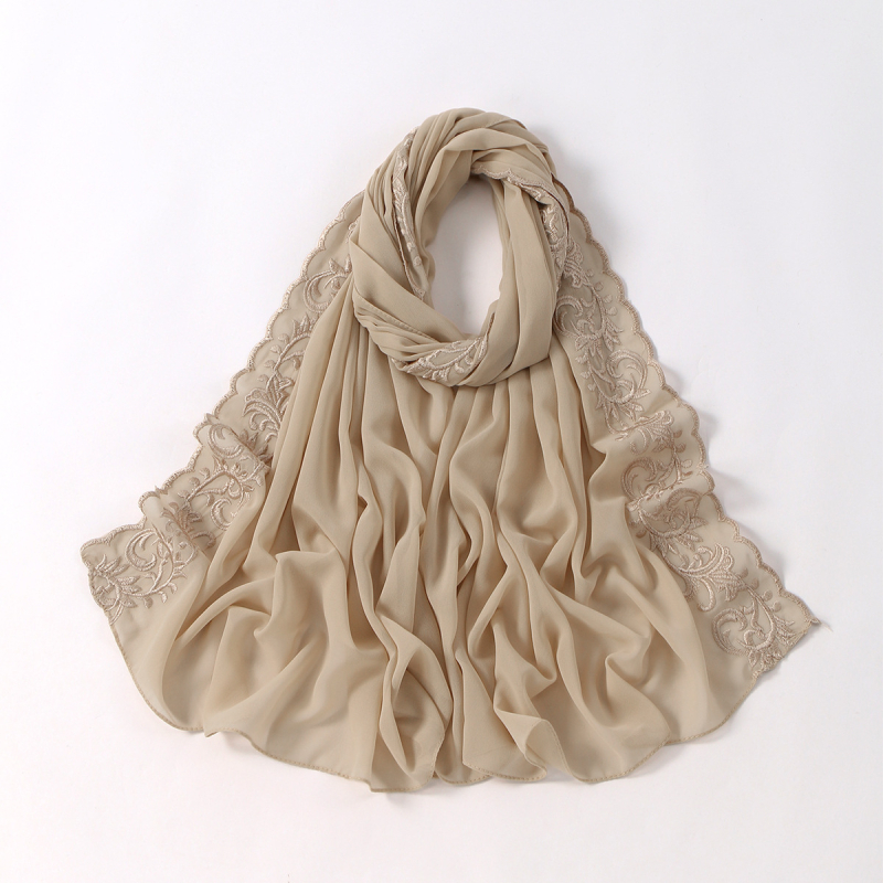 Dámsky vyšívaný šál z chiffon, dlhý, jednofarebný, s čipkovaným lemom, turban štýl