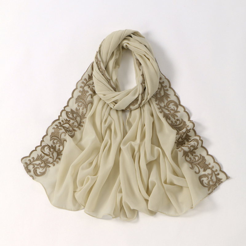 Dámsky vyšívaný šál z chiffon, dlhý, jednofarebný, s čipkovaným lemom, turban štýl