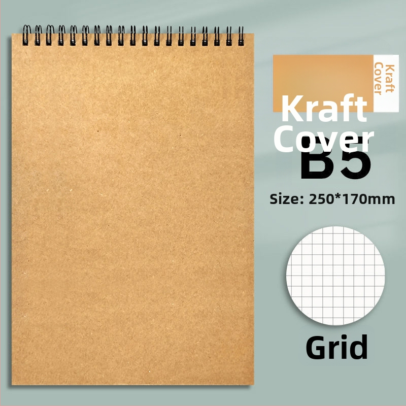 Spirálový zápisník z kraft papiera, formát B5, hrubší, s preklápacím horným dielom, linkované a štvorcové listy, minimalistický štýl pre študentov a magisterské skúšky