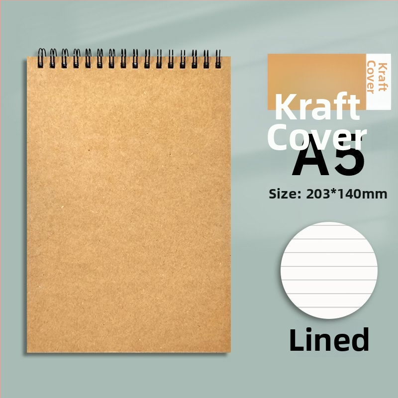 Spirálový zápisník z kraft papiera, formát B5, hrubší, s preklápacím horným dielom, linkované a štvorcové listy, minimalistický štýl pre študentov a magisterské skúšky