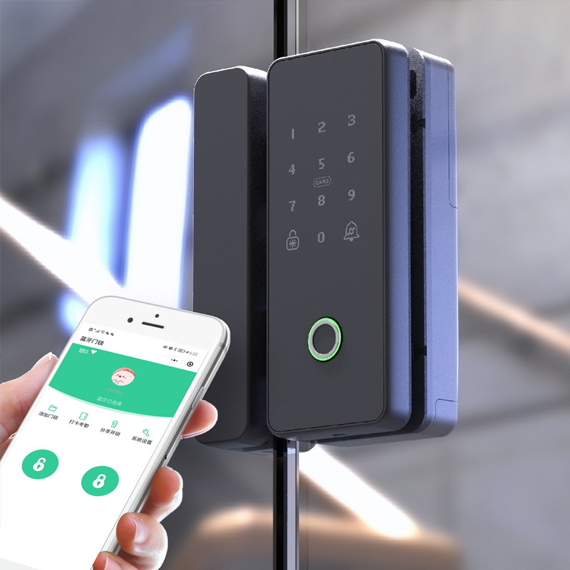 Irodai üvegajtóhoz készült intelligens zár, ujjlenyomat, jelszó, Bluetooth és mágneskártya hozzáféréssel; automatikus, fúrás nélküli telepítés