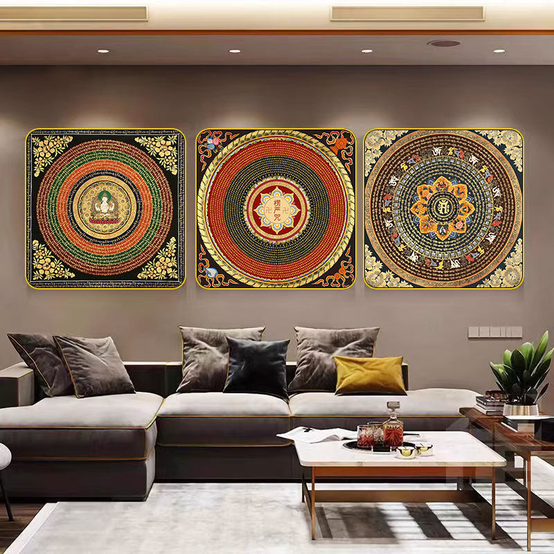 Thangka na stenu s mantrou zo šiestich slov a Sutrou Srdca, mandala motív, dekor do obývačky
