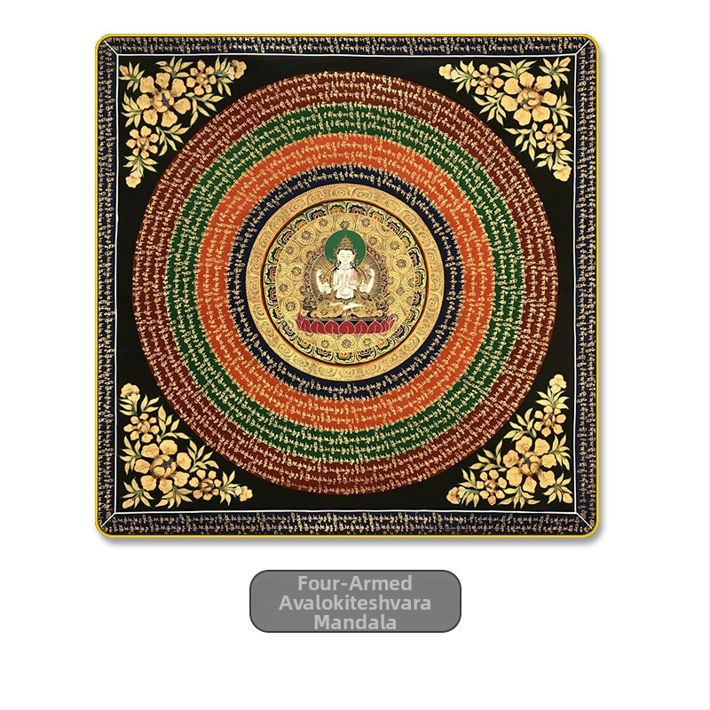 Thangka na stenu s mantrou zo šiestich slov a Sutrou Srdca, mandala motív, dekor do obývačky