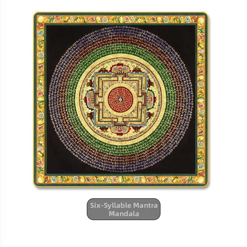 Thangka na stenu s mantrou zo šiestich slov a Sutrou Srdca, mandala motív, dekor do obývačky