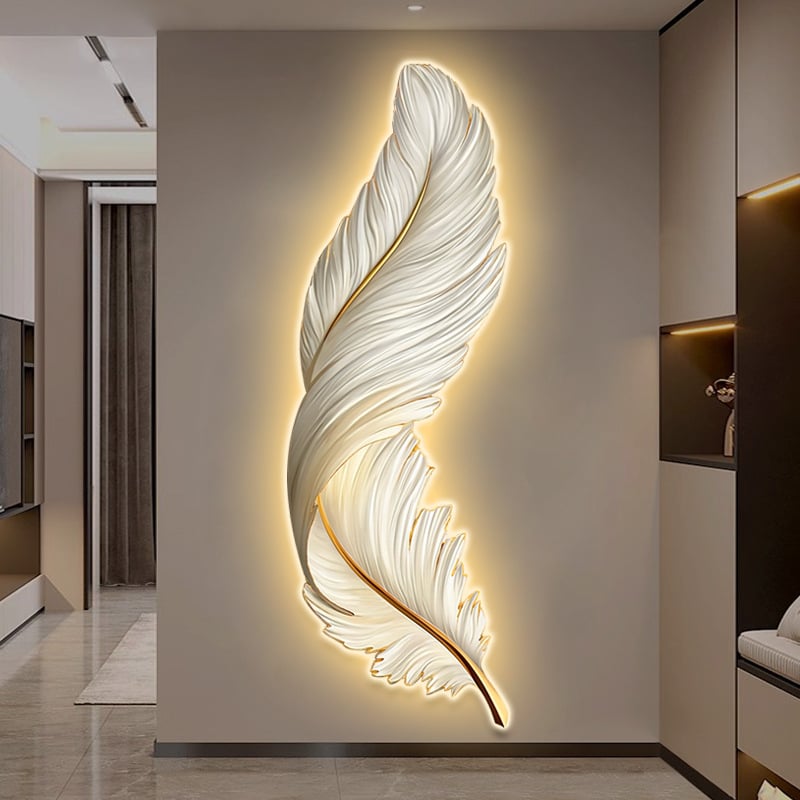 LED osvetlený obraz na stenu pre vstupnú halu s motívom peria, luxusný vzhľad