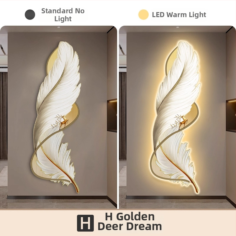 LED osvetlený obraz na stenu pre vstupnú halu s motívom peria, luxusný vzhľad