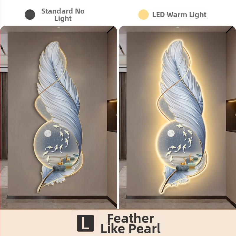 LED osvetlený obraz na stenu pre vstupnú halu s motívom peria, luxusný vzhľad