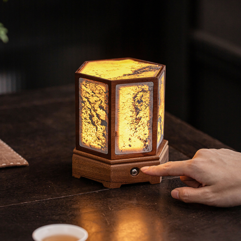 Lampa z orechového dreva pre čajovú miestnosť, atmosférická lampa pre ubytovanie, zen svietnik dekor, kamenná stolová lampa