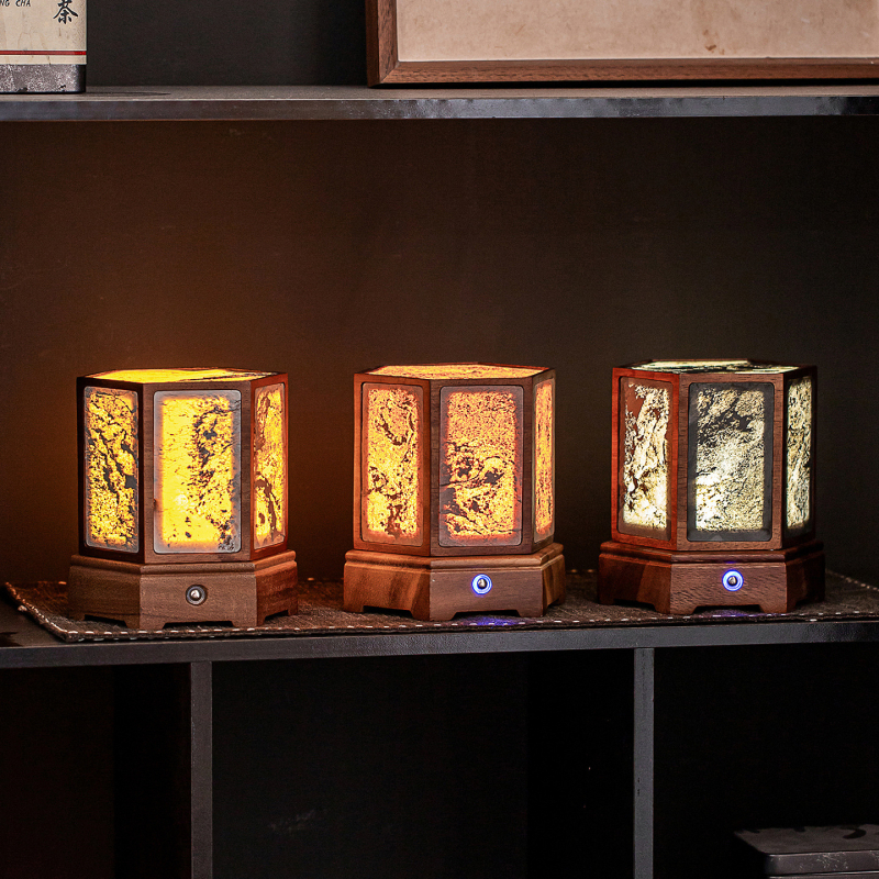 Lampa z orechového dreva pre čajovú miestnosť, atmosférická lampa pre ubytovanie, zen svietnik dekor, kamenná stolová lampa