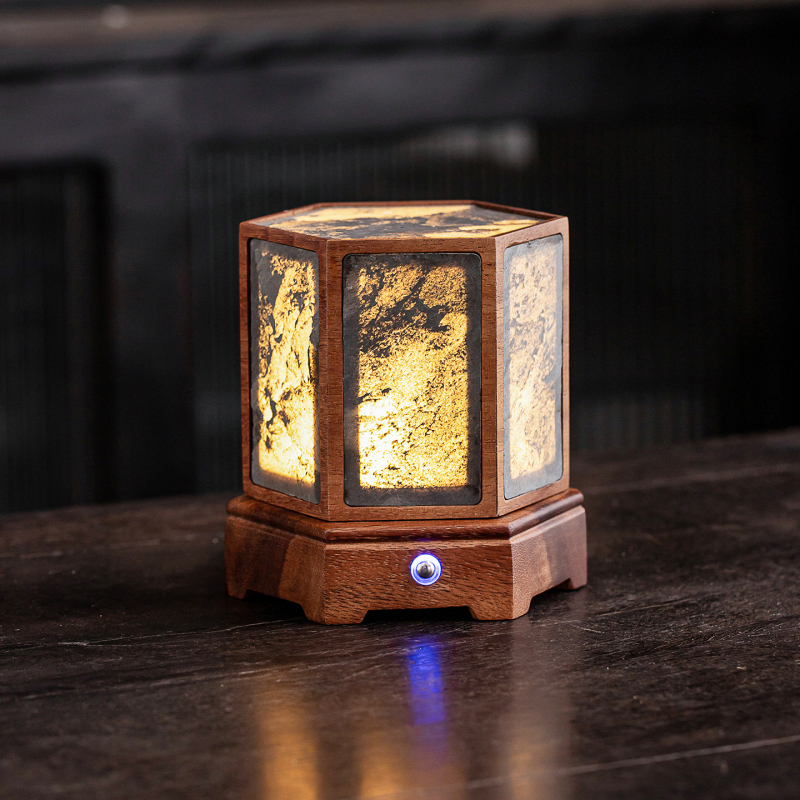 Lampa z orechového dreva pre čajovú miestnosť, atmosférická lampa pre ubytovanie, zen svietnik dekor, kamenná stolová lampa
