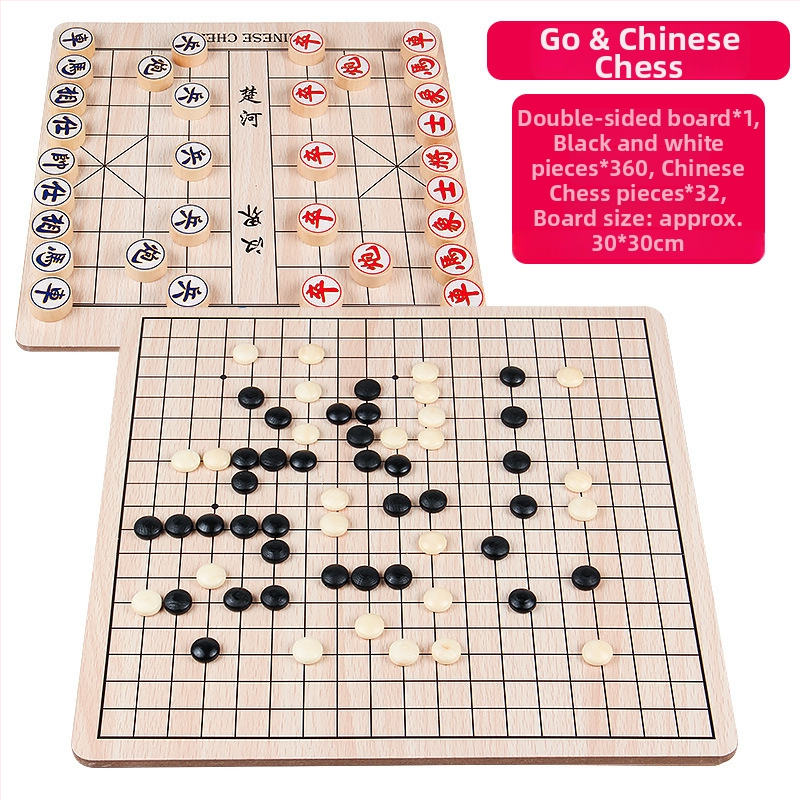 Drveni veliki dvostruki set igara: Gobang, Flying Chess i Šah — obiteljska interaktivna stolna igra