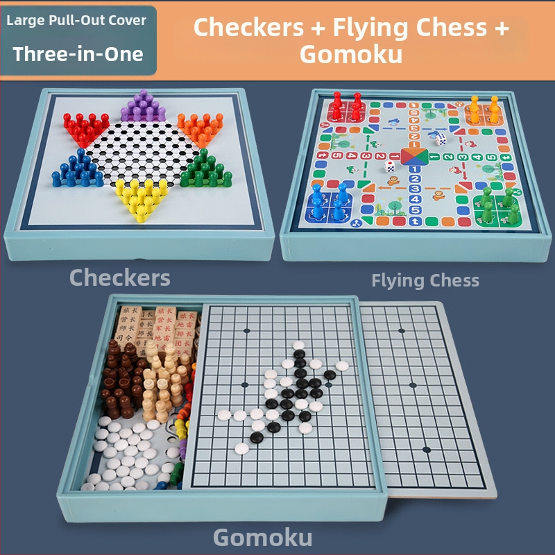 Drveni veliki dvostruki set igara: Gobang, Flying Chess i Šah — obiteljska interaktivna stolna igra