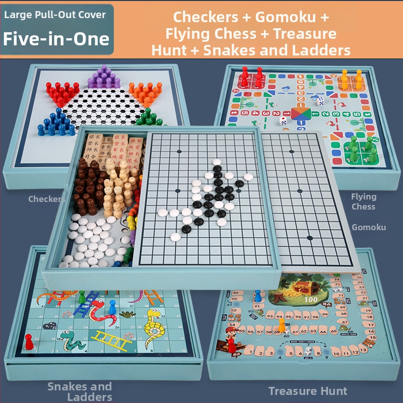 Drveni veliki dvostruki set igara: Gobang, Flying Chess i Šah — obiteljska interaktivna stolna igra