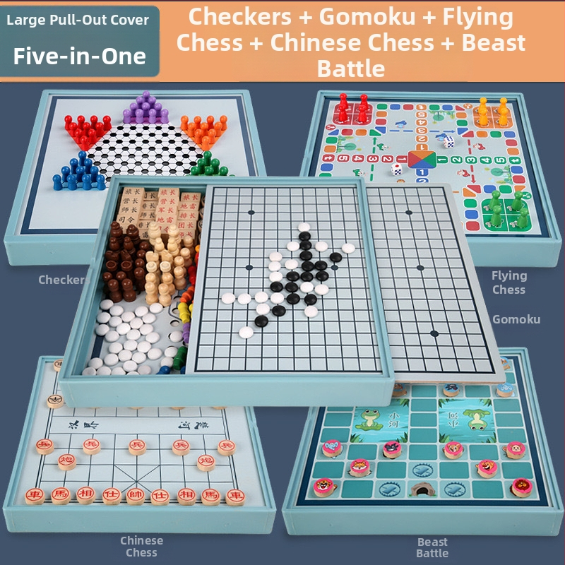 Drveni veliki dvostruki set igara: Gobang, Flying Chess i Šah — obiteljska interaktivna stolna igra