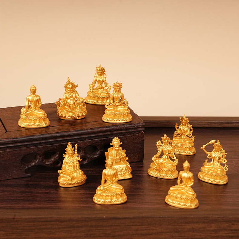 Zlatá mini socha Budhu, 3 cm, Vzácny dizajn: Shakyamuni, Žltý Boh Bohatstva, Manjushri, Štvorkruký Guanyin