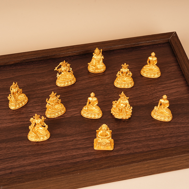 Zlatá mini socha Budhu, 3 cm, Vzácny dizajn: Shakyamuni, Žltý Boh Bohatstva, Manjushri, Štvorkruký Guanyin