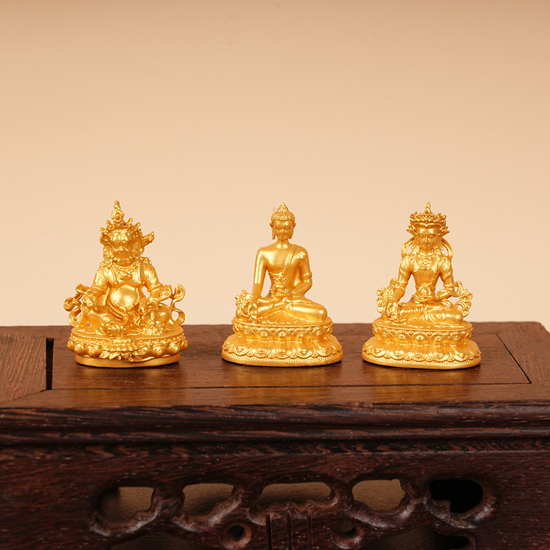 Zlatá mini socha Budhu, 3 cm, Vzácny dizajn: Shakyamuni, Žltý Boh Bohatstva, Manjushri, Štvorkruký Guanyin