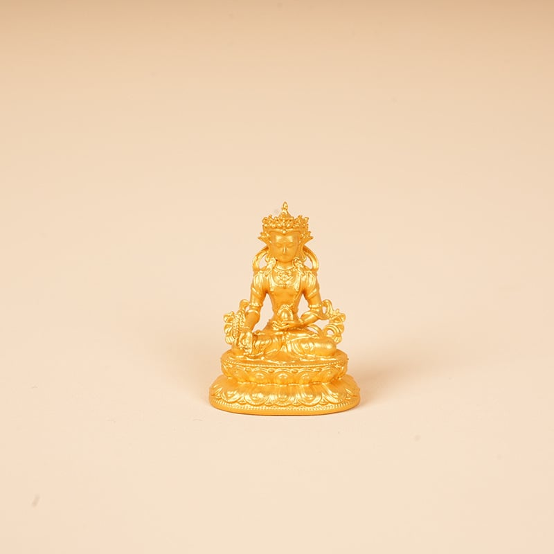 Zlatá mini socha Budhu, 3 cm, Vzácny dizajn: Shakyamuni, Žltý Boh Bohatstva, Manjushri, Štvorkruký Guanyin