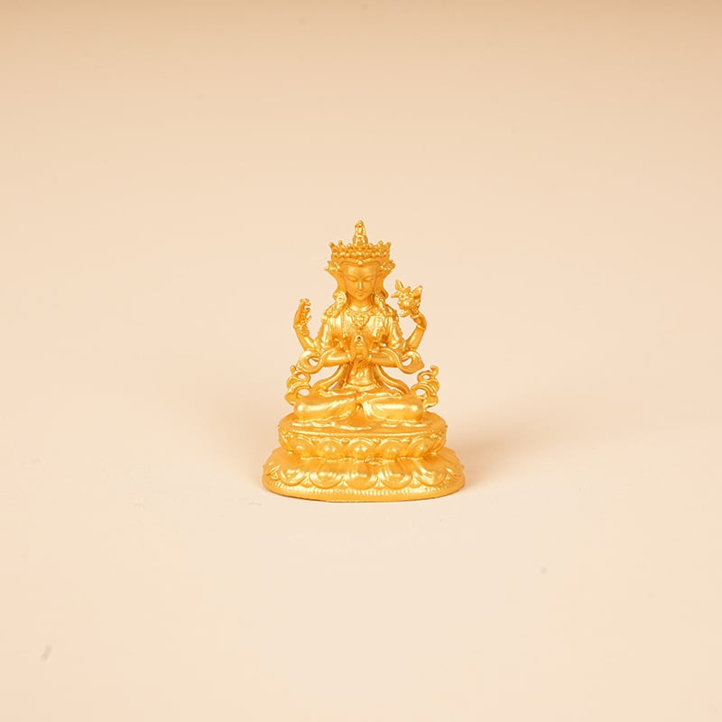 Zlatá mini socha Budhu, 3 cm, Vzácny dizajn: Shakyamuni, Žltý Boh Bohatstva, Manjushri, Štvorkruký Guanyin