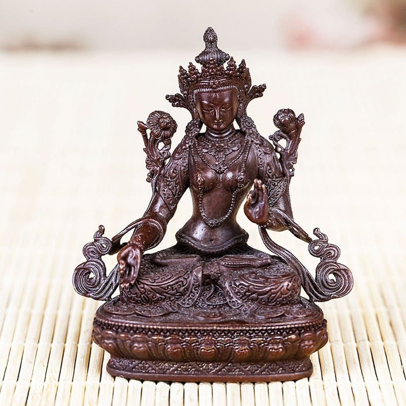 Socha Budhu Boha Bohatstva so zelenou Tarou, retro tibetská ozdobná figúrka na oltár, 2 palce