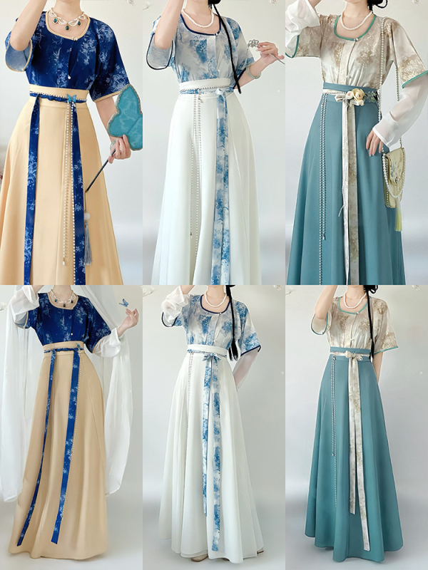 Mucha Original — Mali Tang stil Hanfu ispisni set: cvjetni uzorak, kratki rukavi, okrugli izrez i suknja s osam panela za svakodnevnu upotrebu
