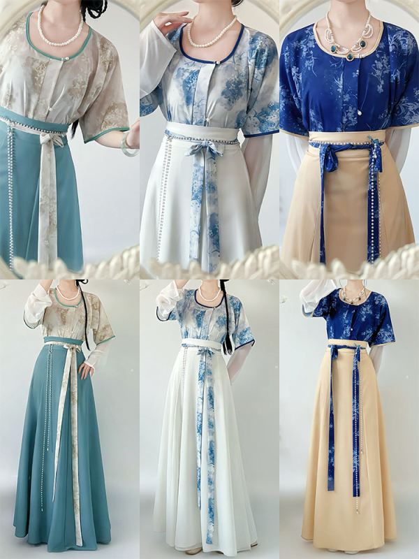 Mucha Original — Mali Tang stil Hanfu ispisni set: cvjetni uzorak, kratki rukavi, okrugli izrez i suknja s osam panela za svakodnevnu upotrebu