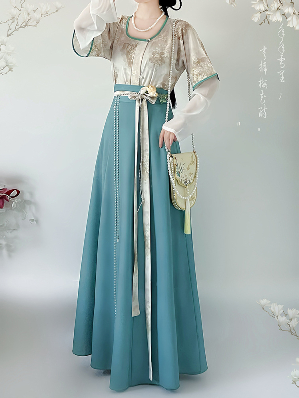 Mucha Original — Mali Tang stil Hanfu ispisni set: cvjetni uzorak, kratki rukavi, okrugli izrez i suknja s osam panela za svakodnevnu upotrebu