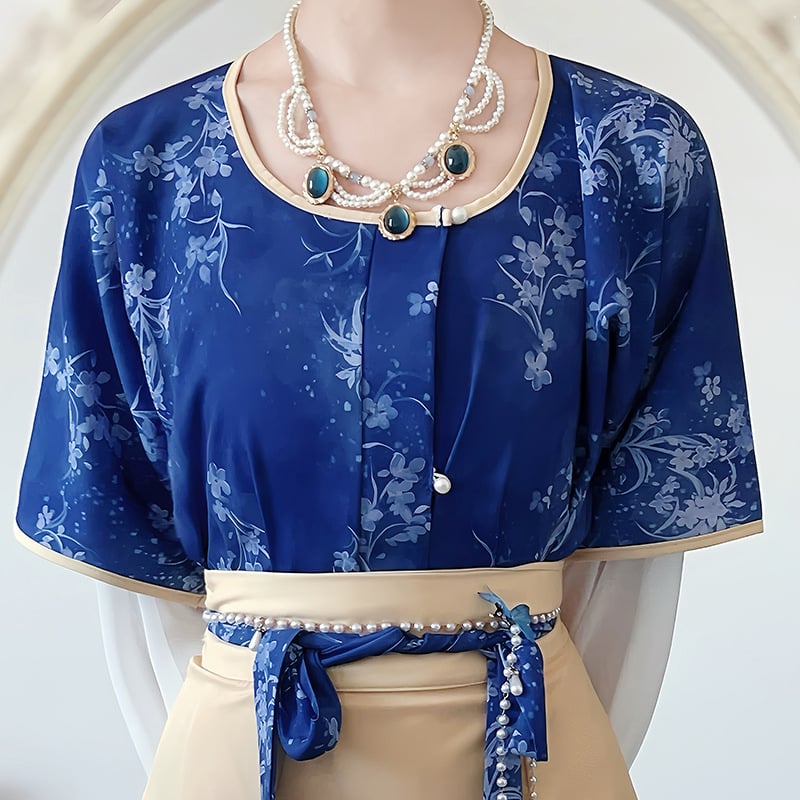 Mucha Original — Mali Tang stil Hanfu ispisni set: cvjetni uzorak, kratki rukavi, okrugli izrez i suknja s osam panela za svakodnevnu upotrebu