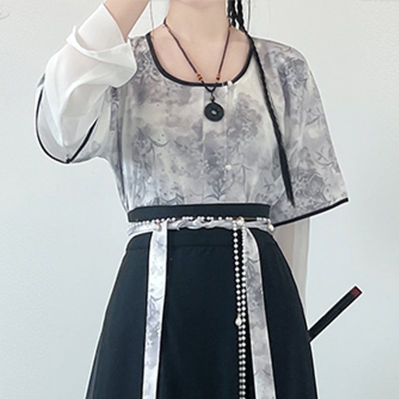 Mucha Original — Mali Tang stil Hanfu ispisni set: cvjetni uzorak, kratki rukavi, okrugli izrez i suknja s osam panela za svakodnevnu upotrebu