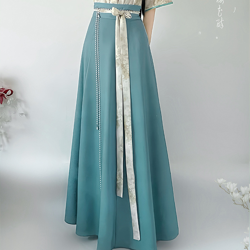 Mucha Original — Mali Tang stil Hanfu ispisni set: cvjetni uzorak, kratki rukavi, okrugli izrez i suknja s osam panela za svakodnevnu upotrebu