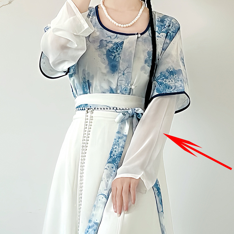 Mucha Original — Mali Tang stil Hanfu ispisni set: cvjetni uzorak, kratki rukavi, okrugli izrez i suknja s osam panela za svakodnevnu upotrebu