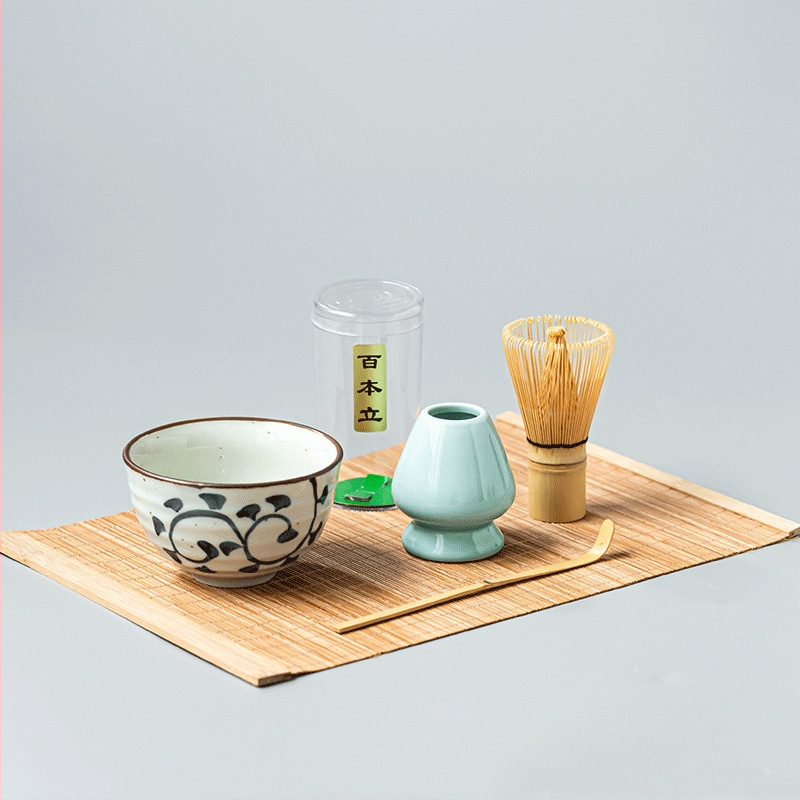 Bambusová čajová metlička a set na čaj v štýle Song – japonská matcha kefka, miešacia metlička, stojan na metličku a miska na matcha Baibenli