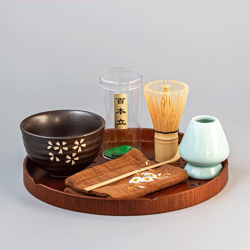 Bambusová čajová metlička a set na čaj v štýle Song – japonská matcha kefka, miešacia metlička, stojan na metličku a miska na matcha Baibenli