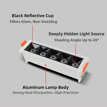 Vnorené LED lineárne svetlo s mriežkou a reflektorom, cylindrický downlight s vysokým CRI pre obývaciu izbu a chodbu, anti-oslnivé track osvetlenie a umývanie stien