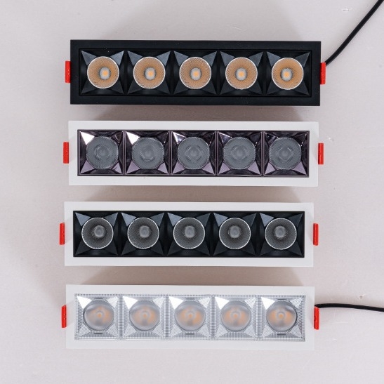 Vnorené LED lineárne svetlo s mriežkou a reflektorom, cylindrický downlight s vysokým CRI pre obývaciu izbu a chodbu, anti-oslnivé track osvetlenie a umývanie stien