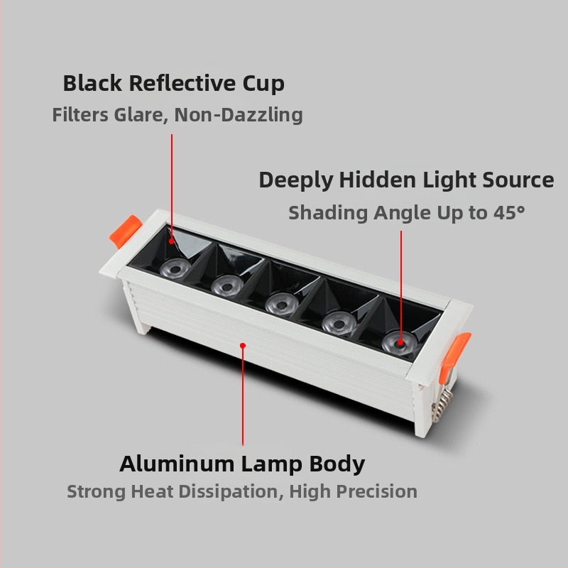 Vnorené LED lineárne svetlo s mriežkou a reflektorom, cylindrický downlight s vysokým CRI pre obývaciu izbu a chodbu, anti-oslnivé track osvetlenie a umývanie stien