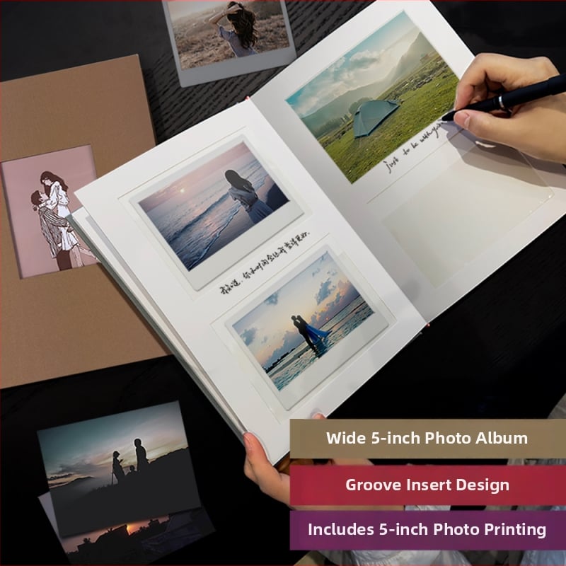 5-palcové širokoformátové instantné fotoalbum s priehradkami na karty a vloženými stranami, zapisovateľné, vhodné ako svadobná kniha hostí a rodinné fotoalbum