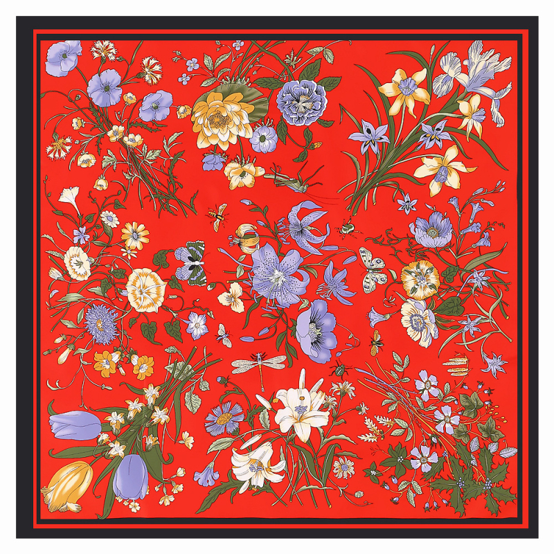 Ženski šal od poliester tkanja s efektom saten, motiv ljilana, veliki kvadrat 130×130 cm, UV zaštita