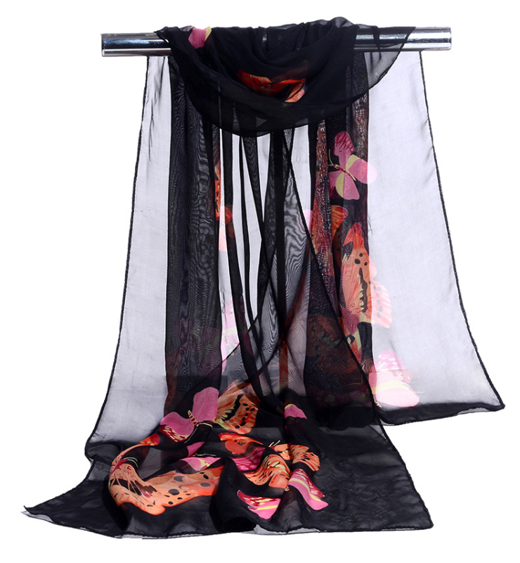Női chiffon sál pillangó-virág mintával, napvédő kendő, 50×160 cm, négy évszakos, könnyű