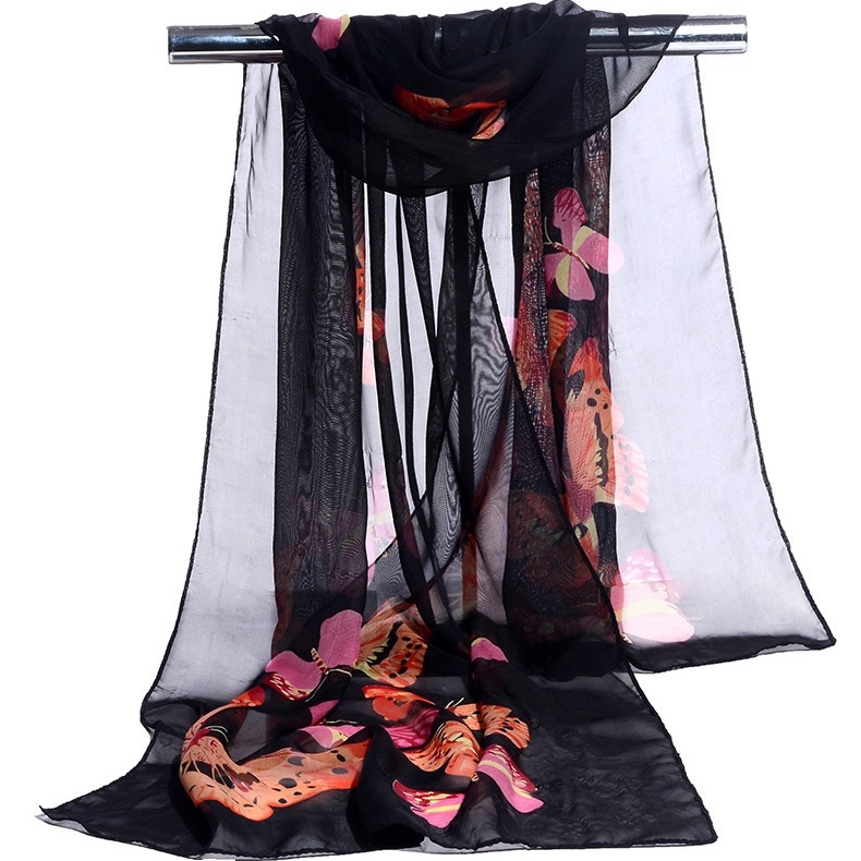 Női chiffon sál pillangó-virág mintával, napvédő kendő, 50×160 cm, négy évszakos, könnyű
