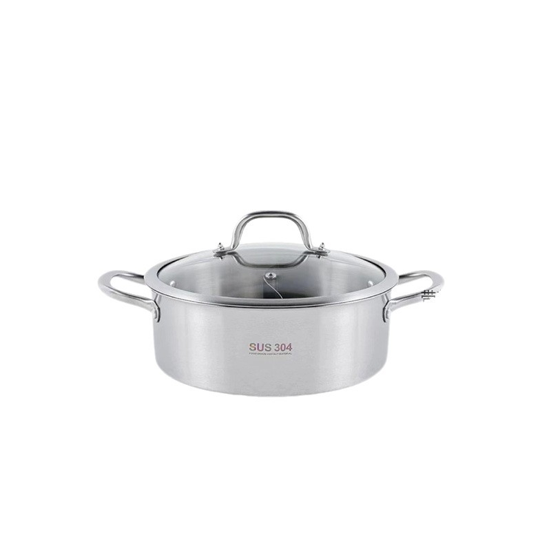 Hot pot z nehrdzavejúcej ocele 304, hrubý hrniec s Yin‑Yang dizajnom a dvojitým dnom, sklenené viečko, komerčné použitie